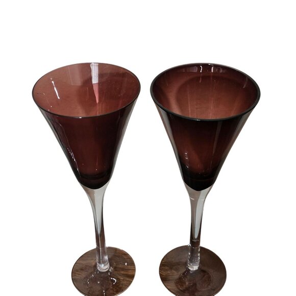 2 Pottery Barn Burgundy Wine Goblet 9" Blown Glass Clear Stem vtg tulip style - Picture 3 of 6